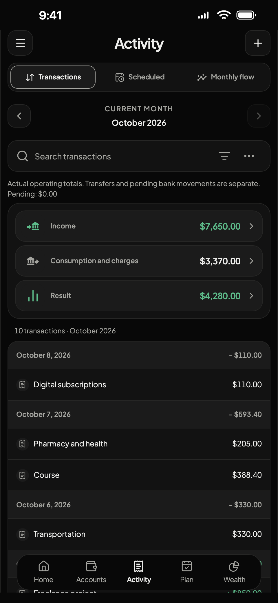 Real DYNX24 transaction activity screen