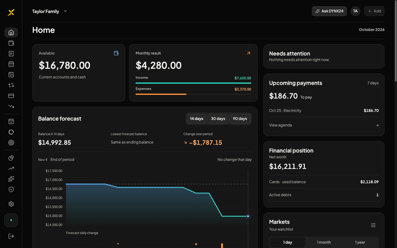 Real DYNX24 cash overview screen
